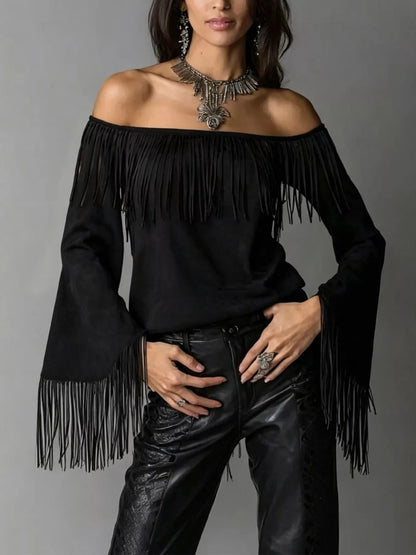 Full Size Fringed Off-Shoulder Flare Sleeve Top Plus Size