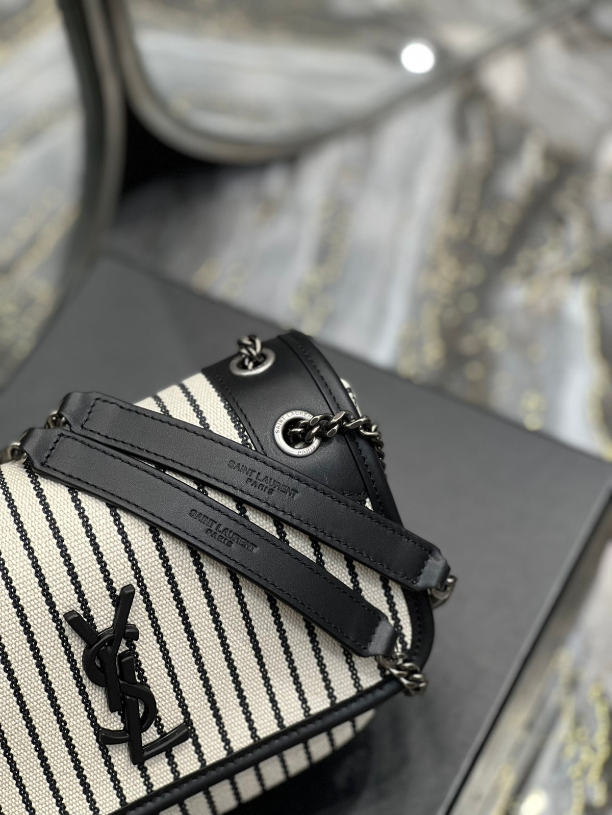 Saint Laurent Cotton Canvas Striped Vintage Calfskin Monogram Medium Niki Chain Satchel