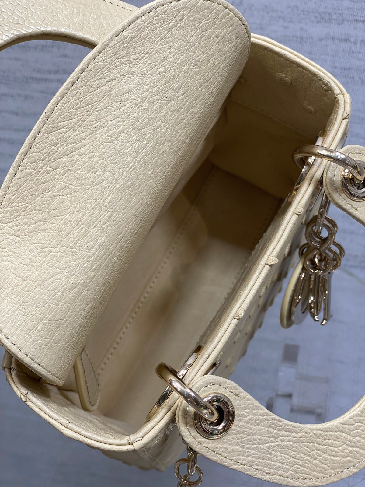 Christian Dior Mini Lady Dior bag in Beige ostrich leather