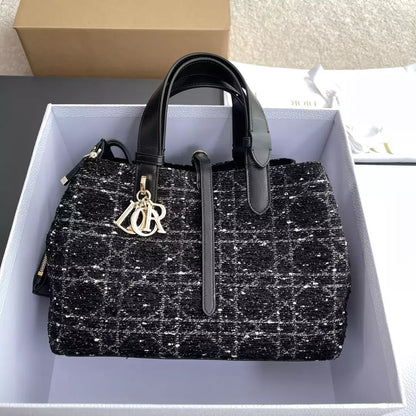 Christian Dior Calfskin Tweed Cannage Medium Toujours Black White