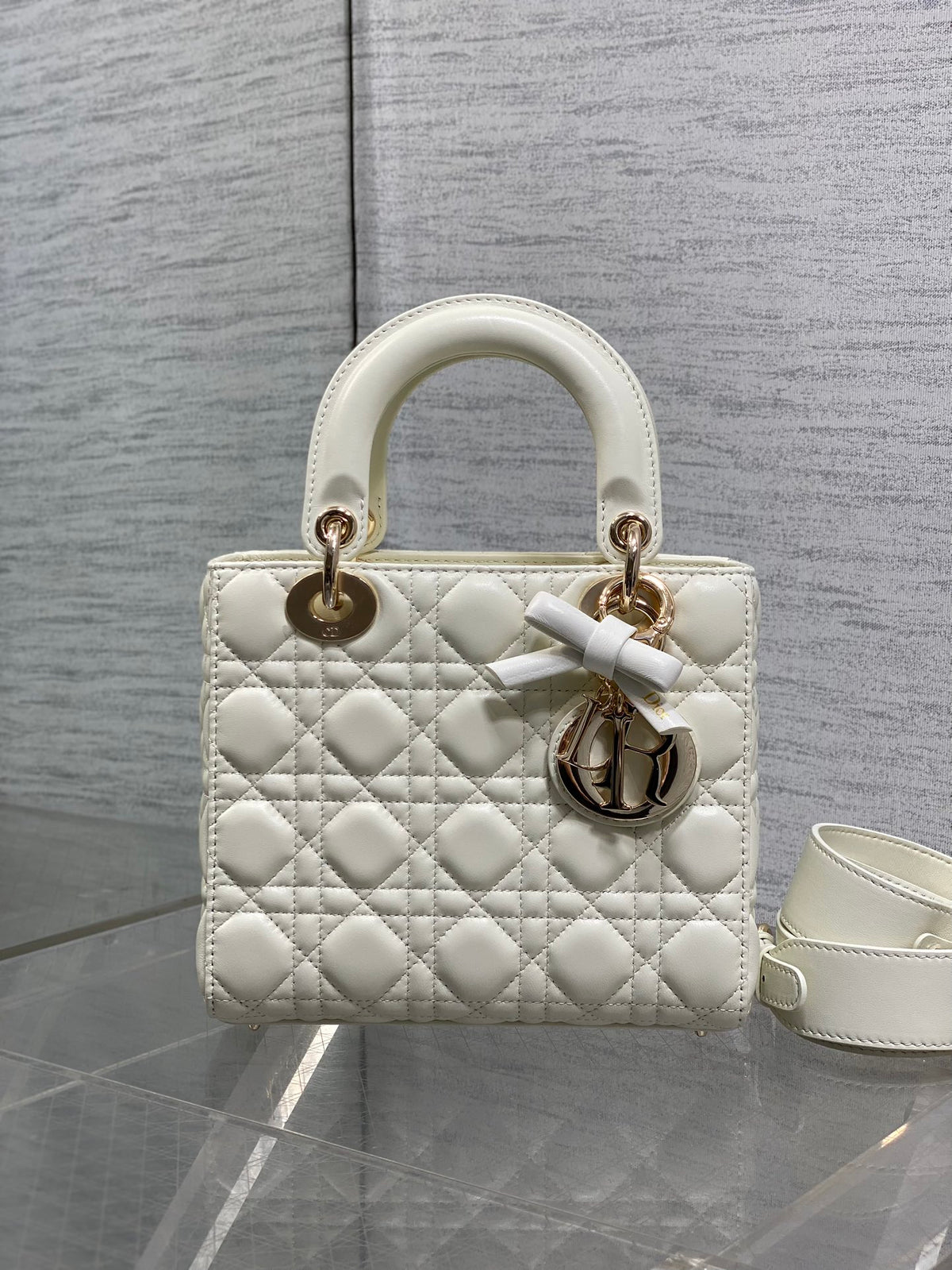 DIOR LADY SMALL WHITE GOLD HARDWARE