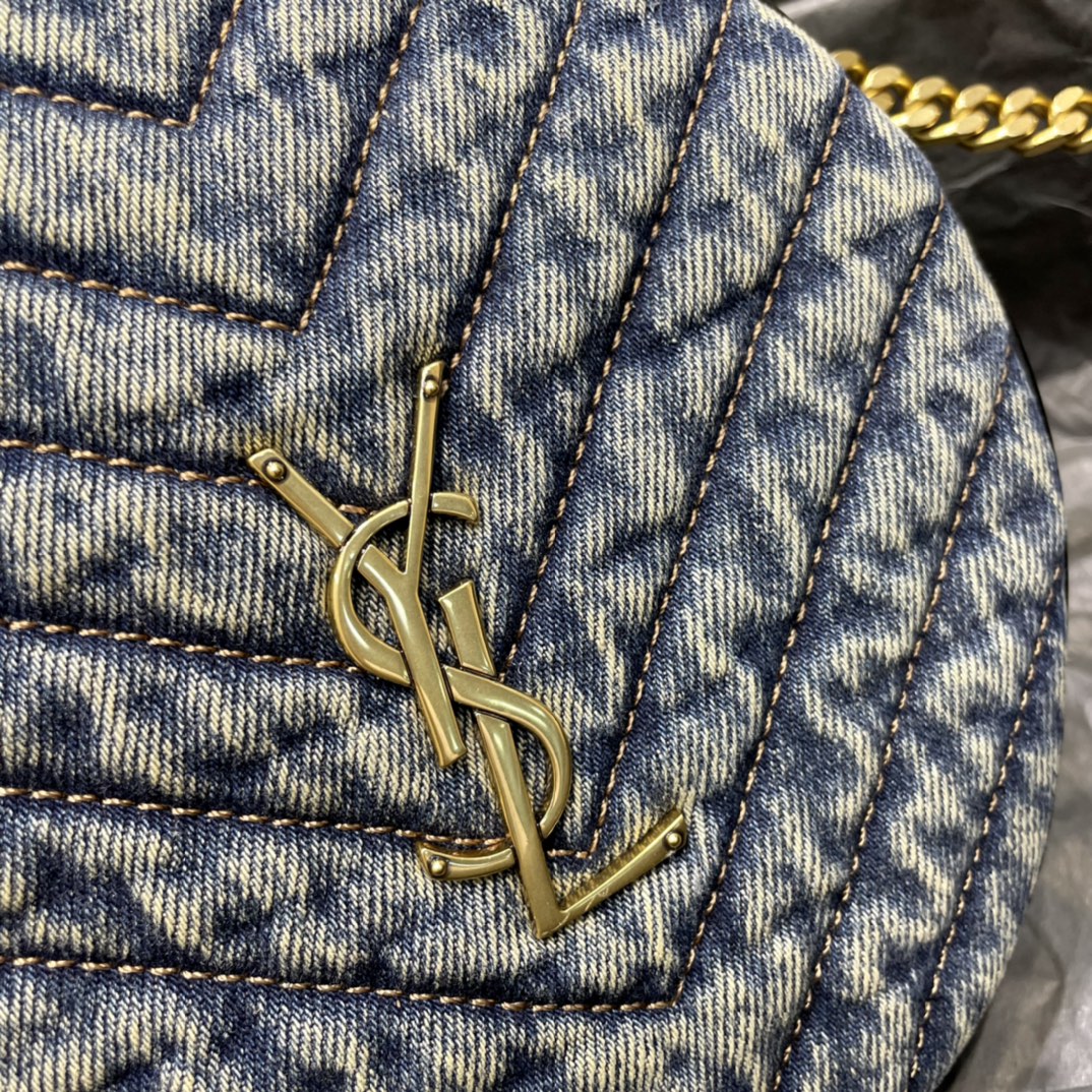 Saint Laurent YSL Women Vinyle Round Camera Bag in Chevron-Quilted Denim and Suede