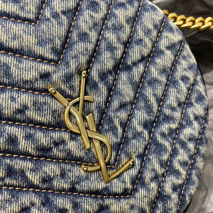 Saint Laurent YSL Women Vinyle Round Camera Bag in Chevron-Quilted Denim and Suede
