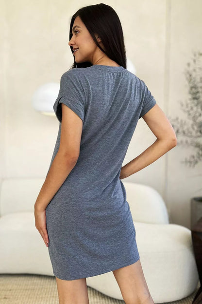 Basic Bae Full Size Solid Round Neck Short Sleeve Casual Loose Mini T-Shirt Dress with Side Pockets