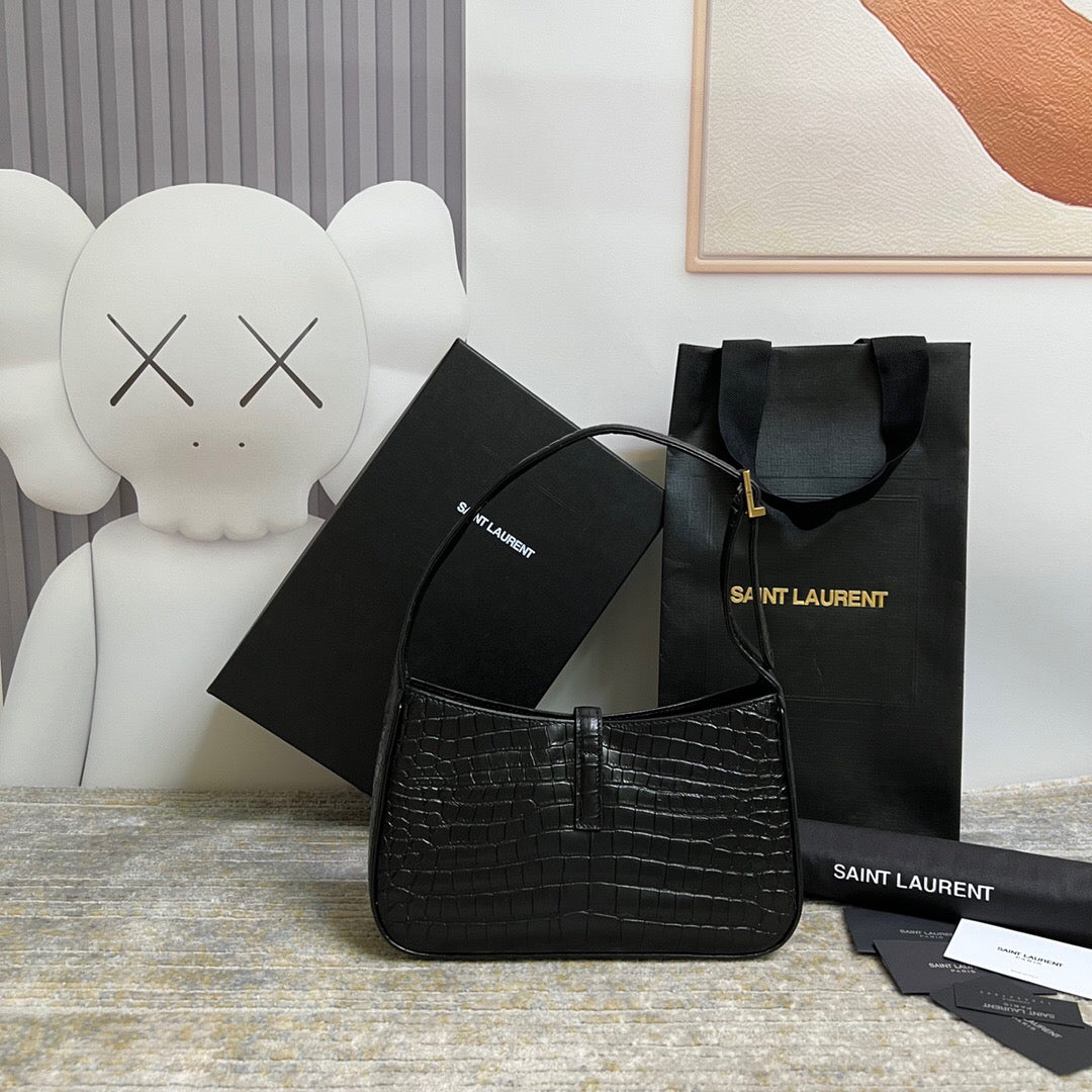 SAINT LAURENT Le 5 À 7 Green Crocodile-effect Leather Shoulder Bag In Black