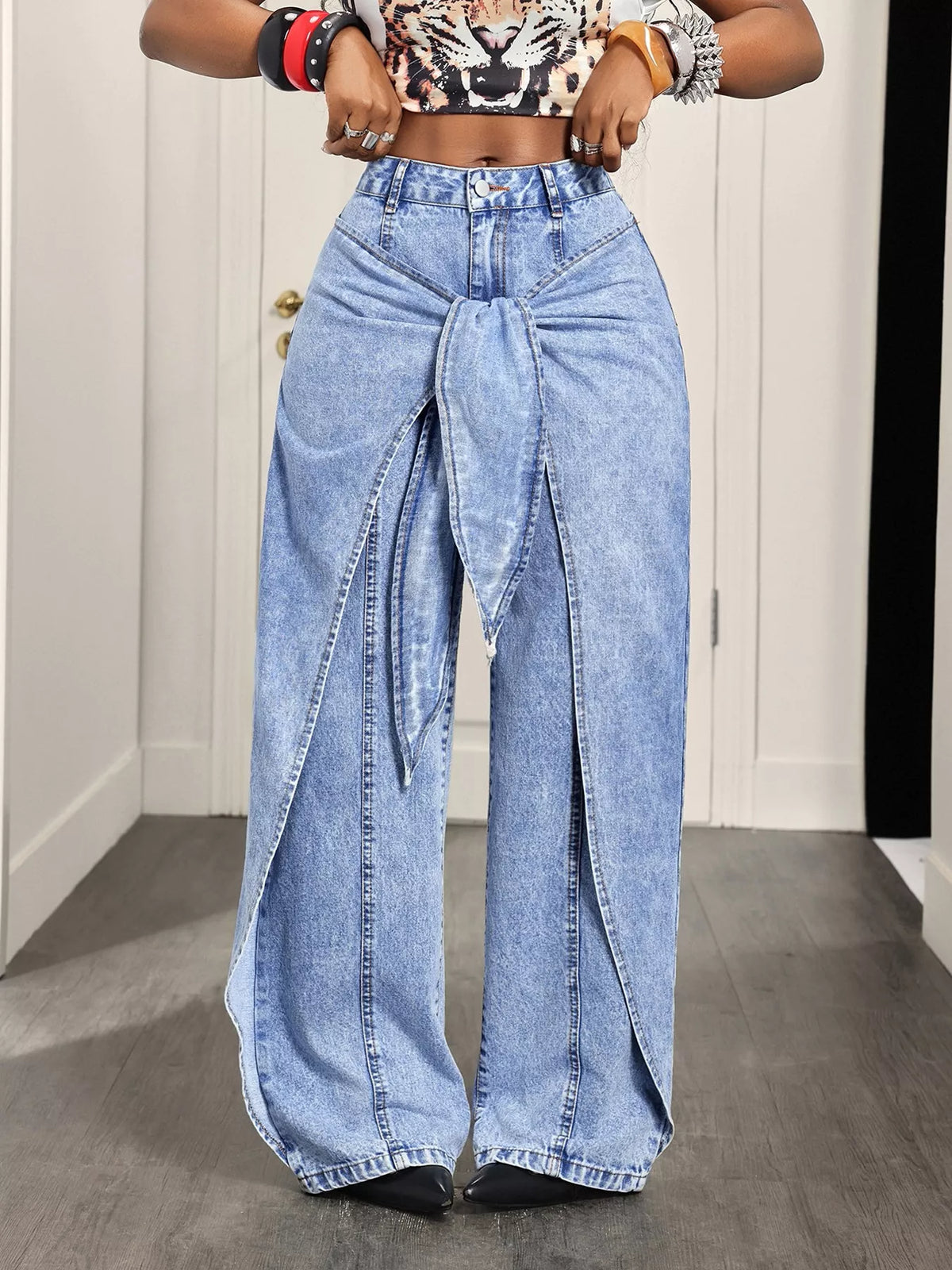 High-Waisted Ruffled Wide-Leg Jeans