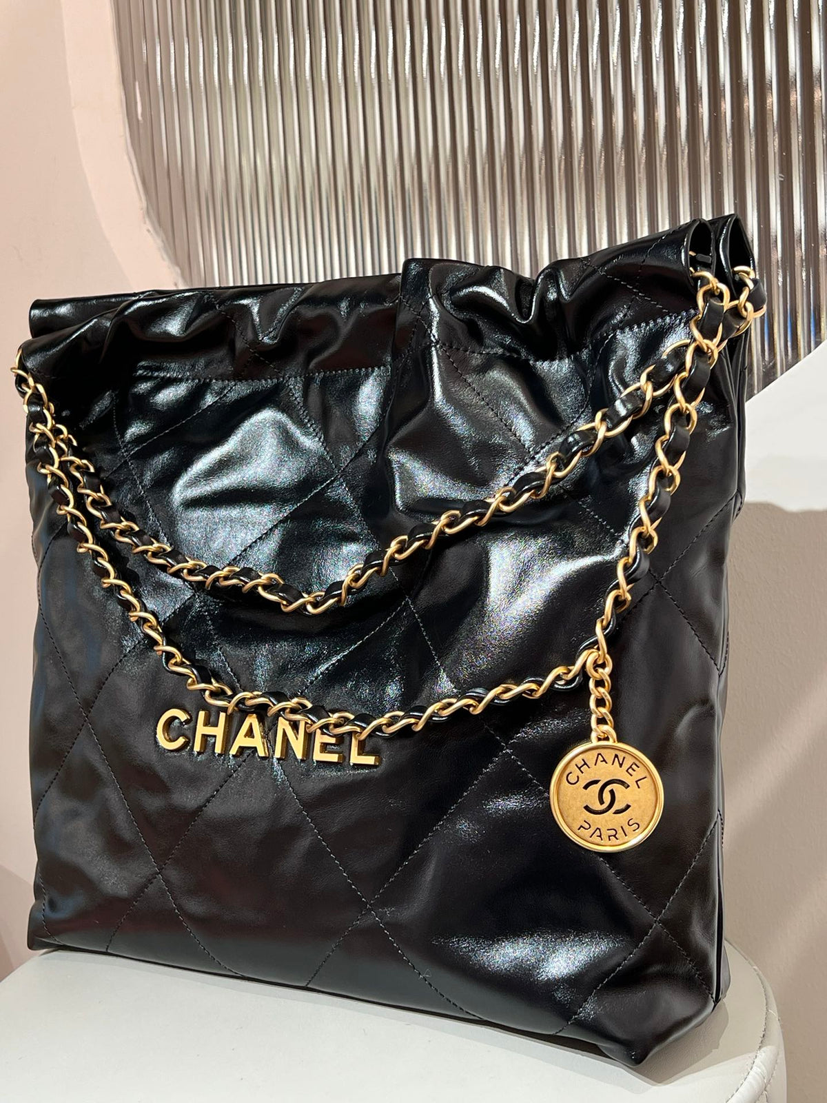 CHANEL 22 Bag Small Gold & Black Lambskin Leather