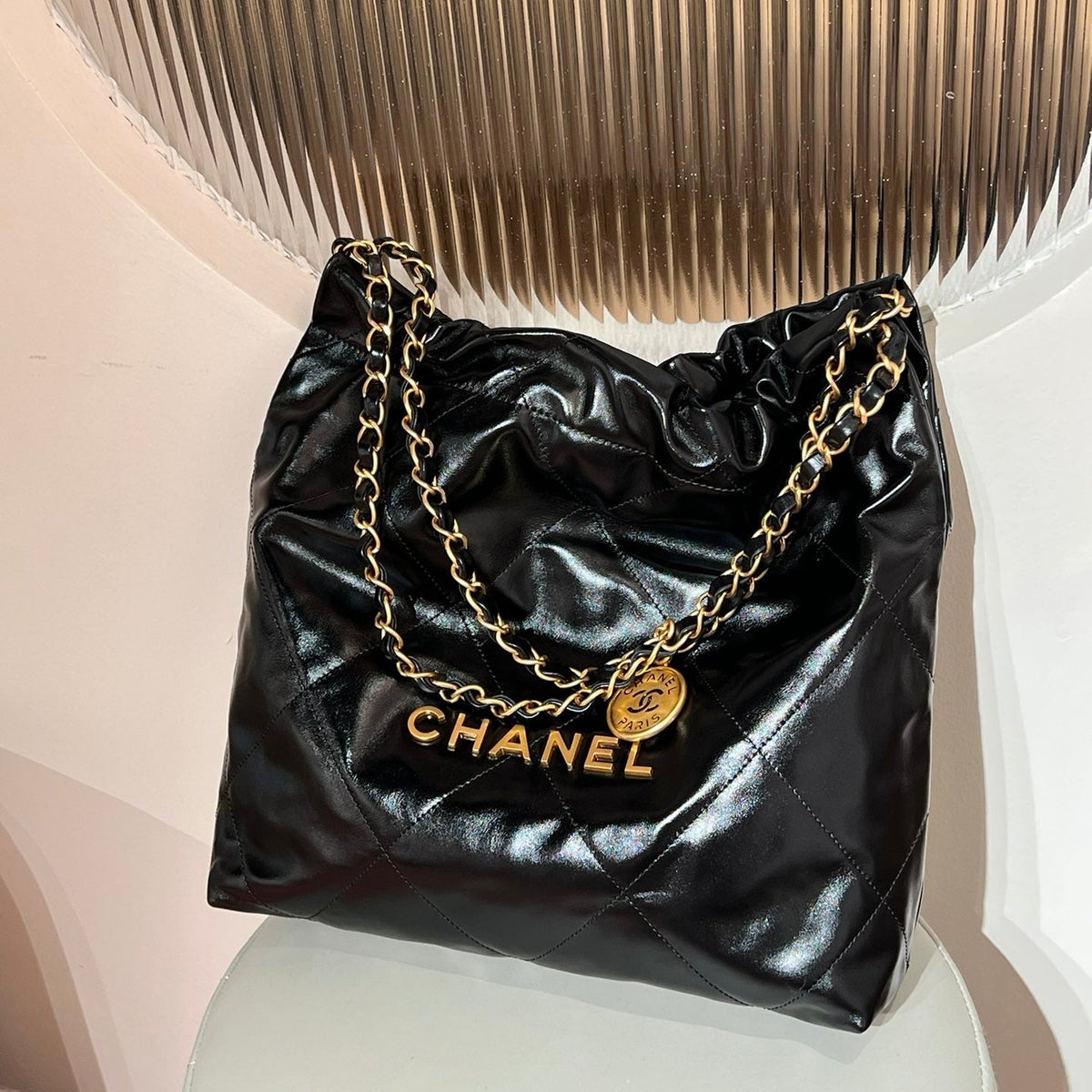 CHANEL 22 Bag Small Gold & Black Lambskin Leather