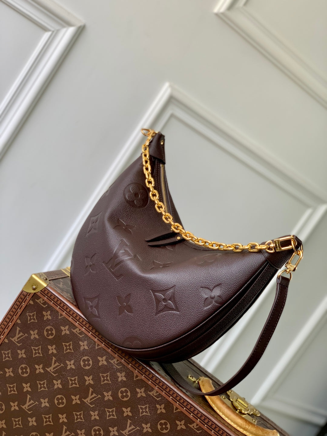 LOOP HOBO 38 IN DARK BROWN MONOGRAM EMPREINTE CALFSKIN EMBOSSED LOGO