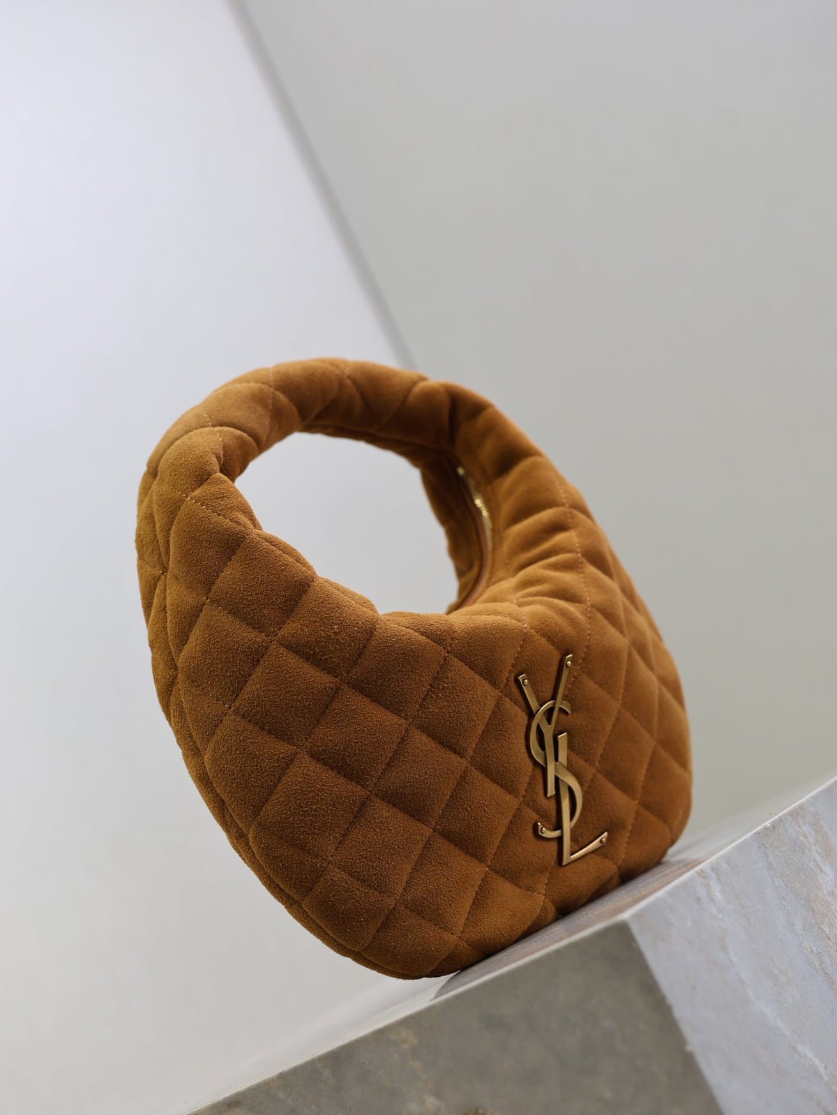 YSL ICARINO MINI 17 IN CARAMEL QUILTED SUEDE GOLD HARDWARE