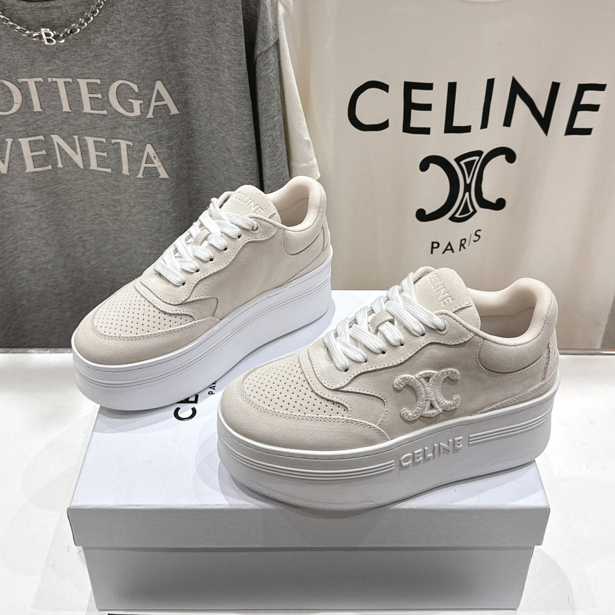 BLOCK SNEAKERS WITH EMBROIDERED TRIOMPHE IN PARCHMENT BEIGE SUEDE
