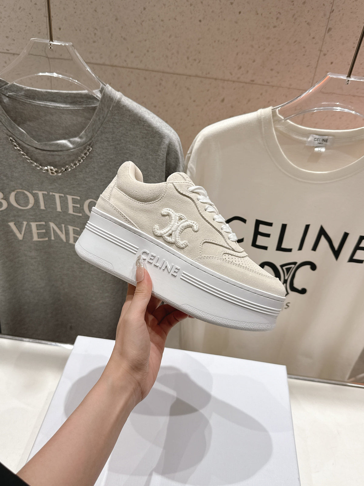 BLOCK SNEAKERS WITH EMBROIDERED TRIOMPHE IN PARCHMENT BEIGE SUEDE