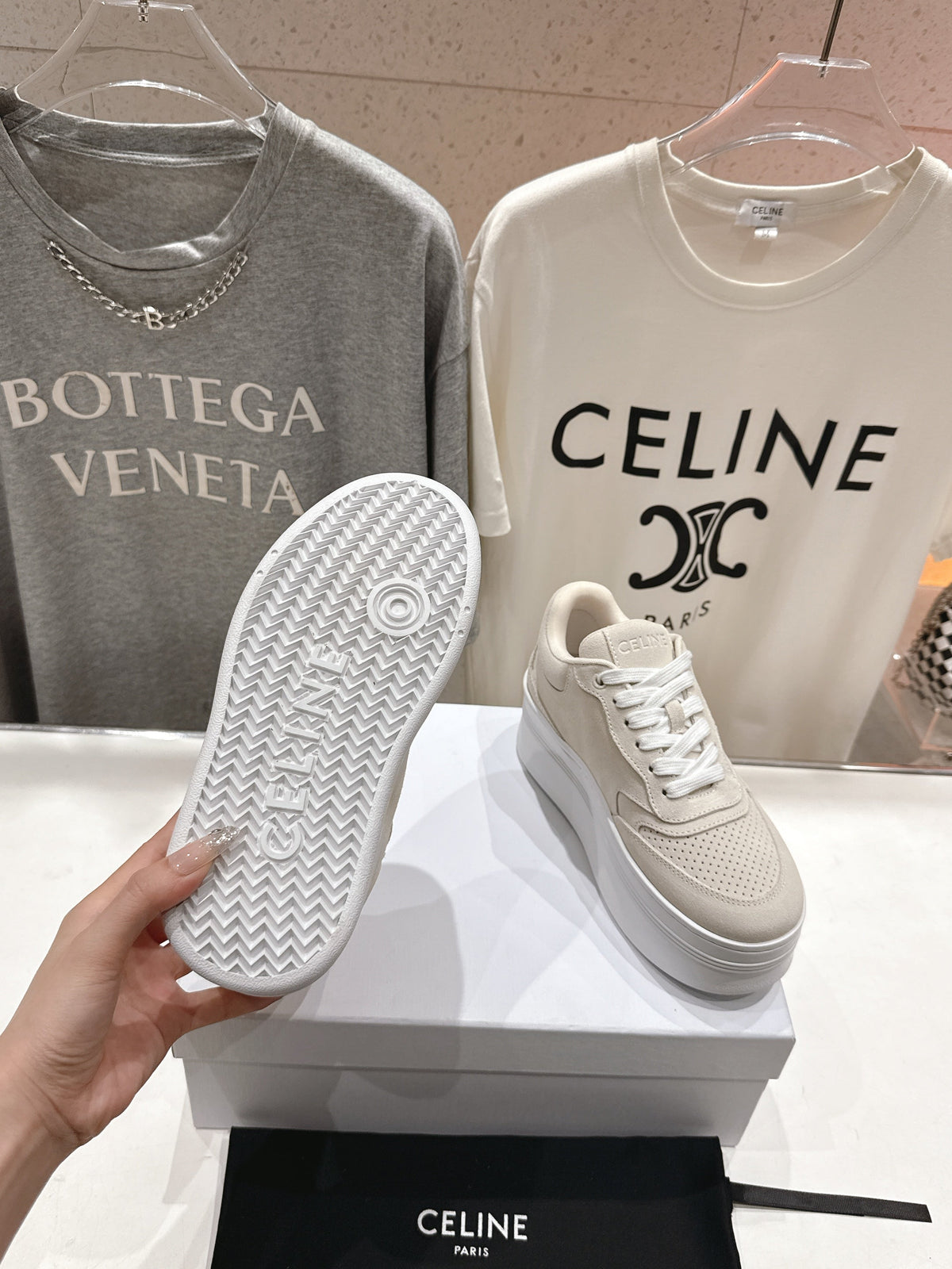 BLOCK SNEAKERS WITH EMBROIDERED TRIOMPHE IN PARCHMENT BEIGE SUEDE