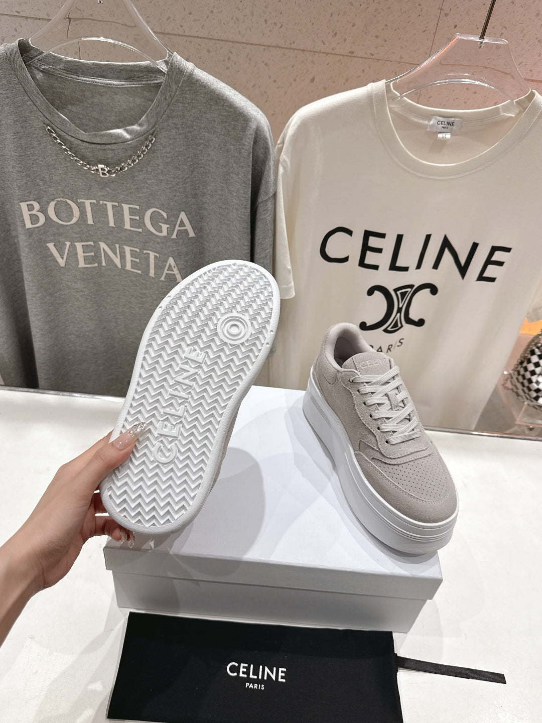 BLOCK SNEAKERS WITH EMBROIDERED TRIOMPHE IN MALIBU BEIGE SUEDE