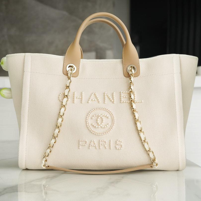 CHANEL TOTE BAG 39 ATTACHED PEARL LOGO IN BEIGE CANVAS GOLD HARDWARE