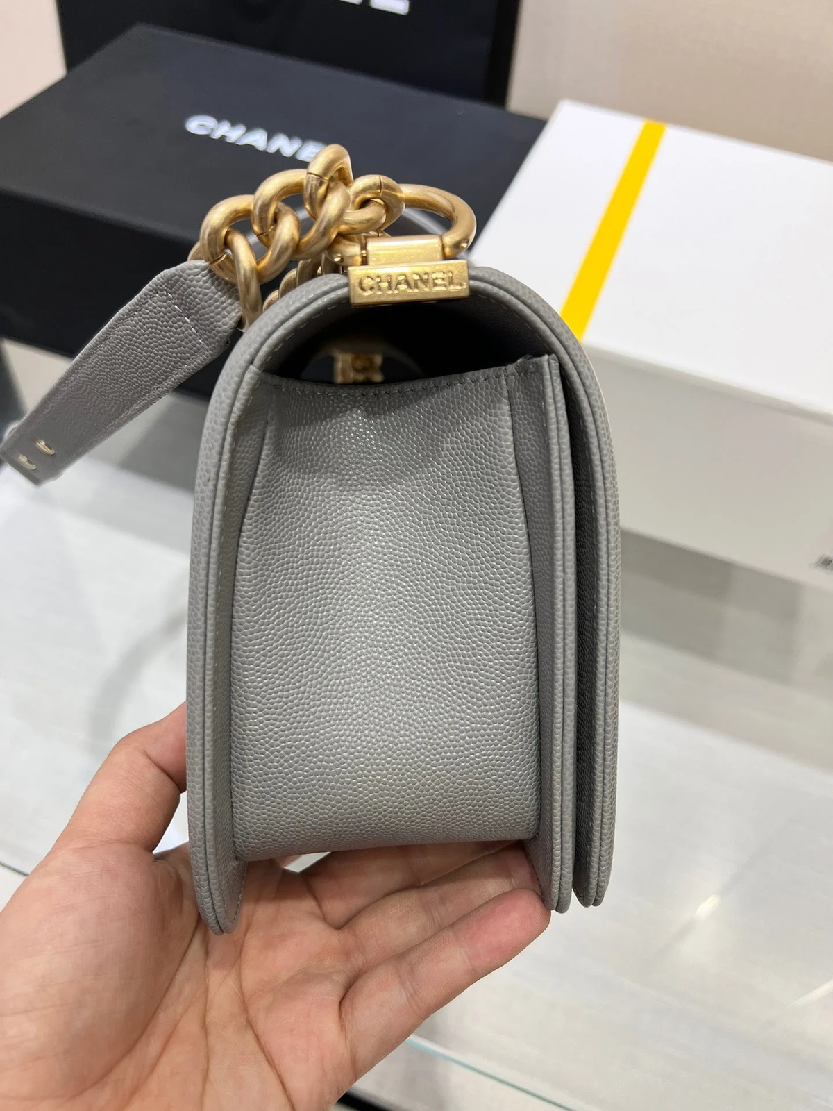 CHANEL BOY BAG MEDIUM 25 GREY CAVIAR GOLD HARDWARE