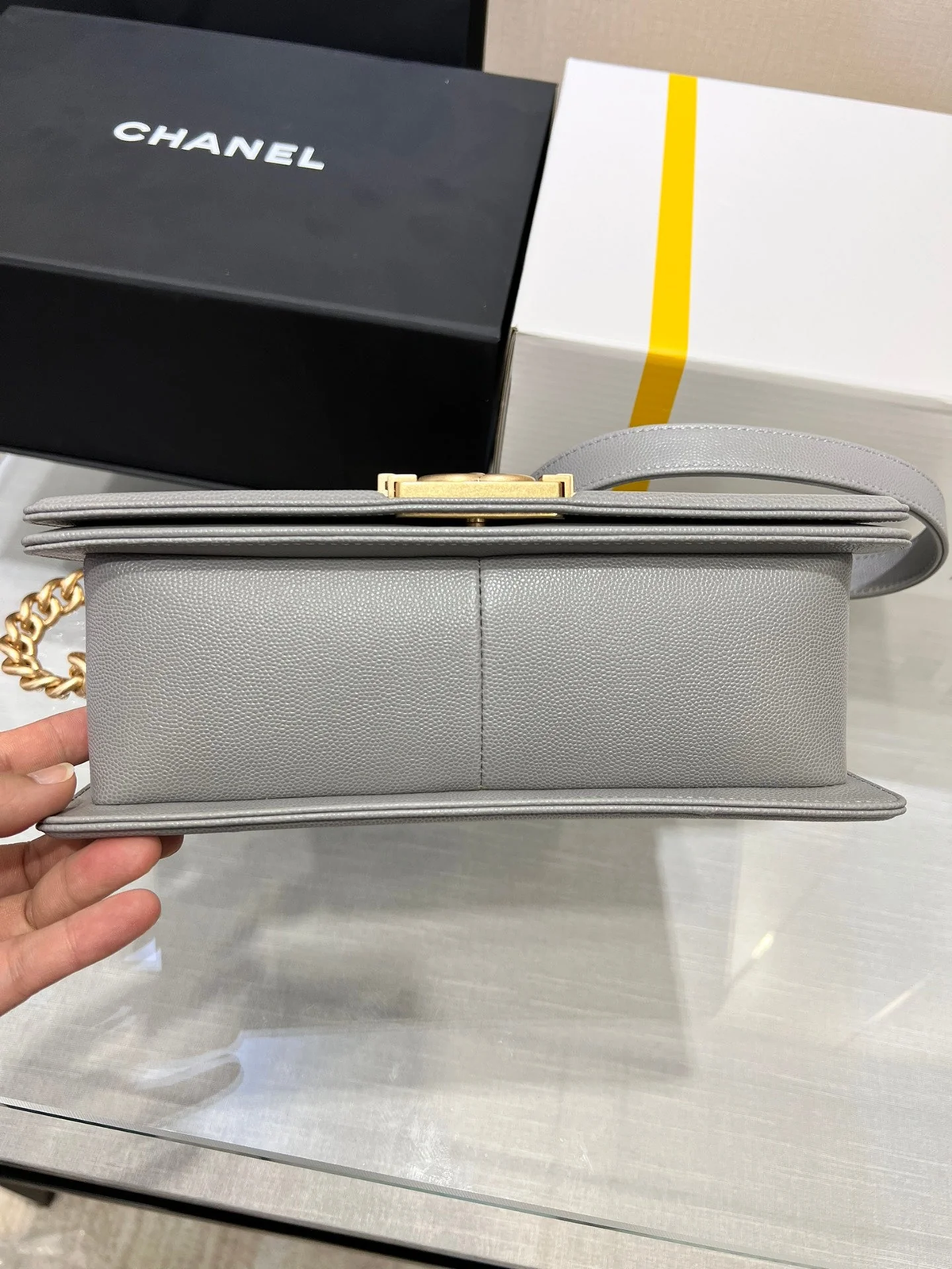 CHANEL BOY BAG MEDIUM 25 GREY CAVIAR GOLD HARDWARE