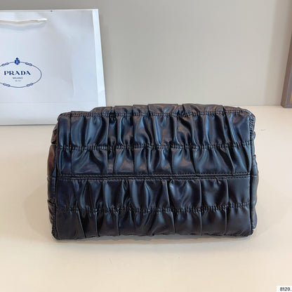 BOW DETAIL RUCHED TOP HANDLE BAG 29 IN BLACK SAFFIANO LEATHER