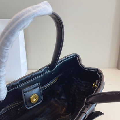 BOW DETAIL RUCHED TOP HANDLE BAG 29 IN BLACK SAFFIANO LEATHER