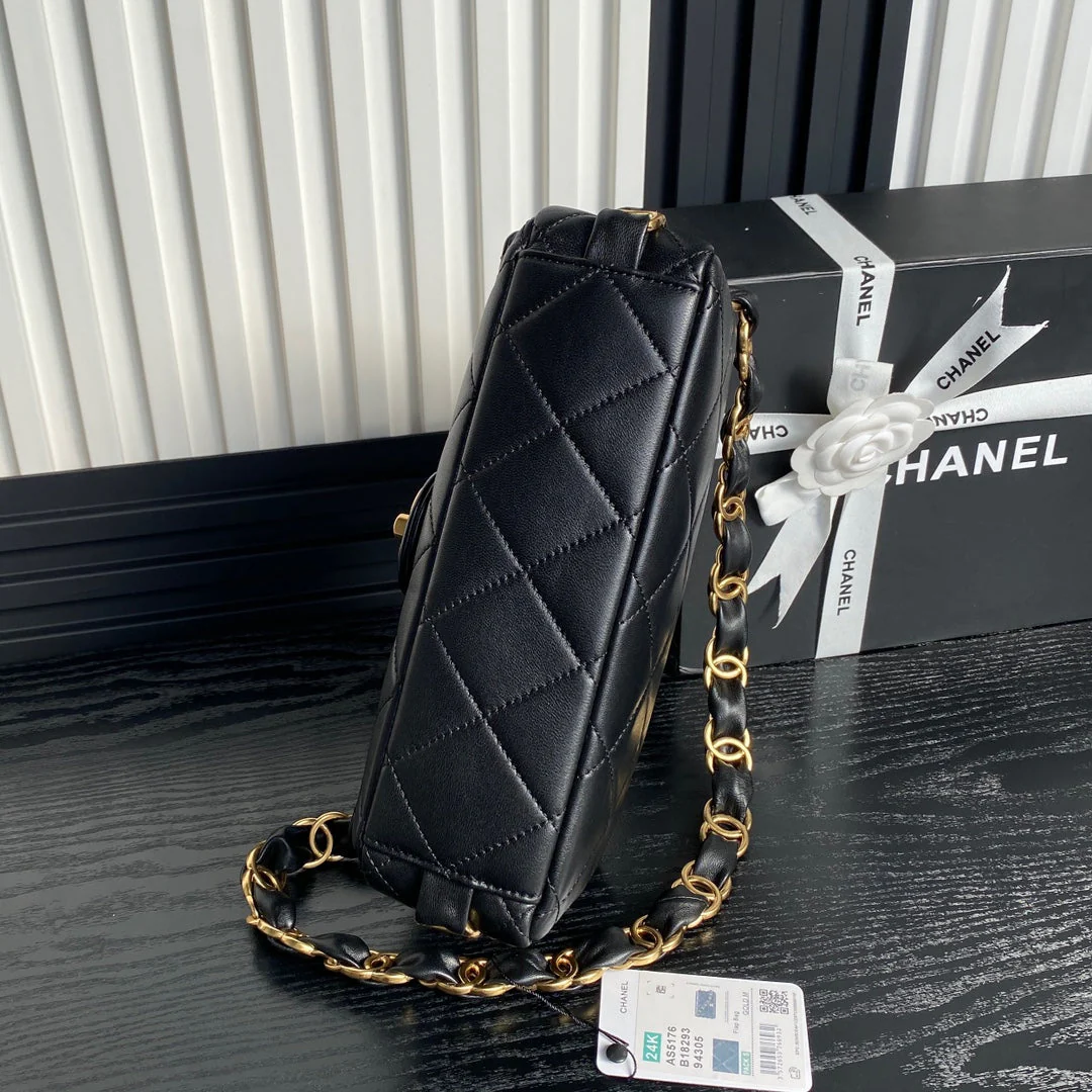 CHANEL MEDIUM FLAP BAG 26 IN BLACK CALFSKIN GOLD DOUBLE C THICK CHAIN