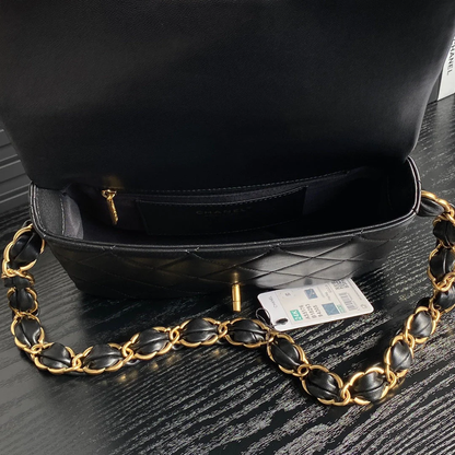 CHANEL MEDIUM FLAP BAG 26 IN BLACK CALFSKIN GOLD DOUBLE C THICK CHAIN