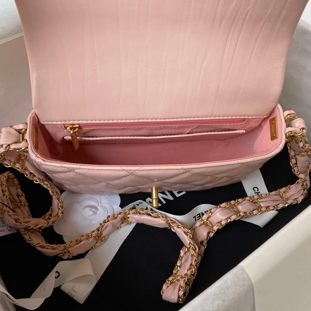CHANEL SMALL FLAP BAG 20 IN PEACH PINK LAMBSKIN GOLD HARDWARE