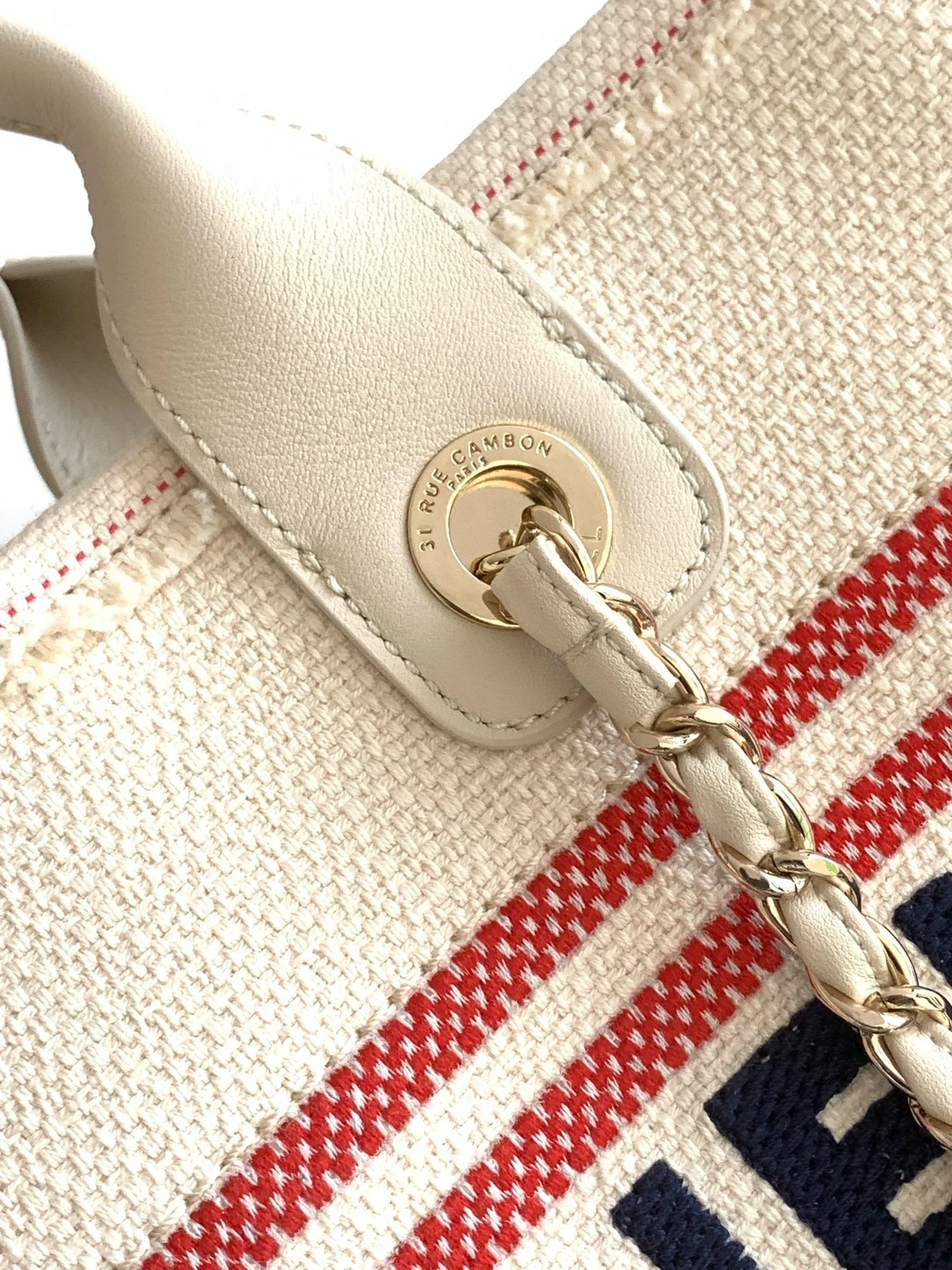 CHANEL SHOPPING BAG 34 IN WHITE RED AND NAVY BLUE CANVAS