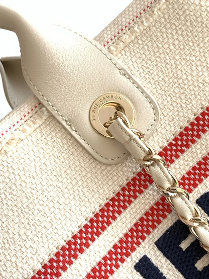 CHANEL SHOPPING BAG 34 IN WHITE RED AND NAVY BLUE CANVAS