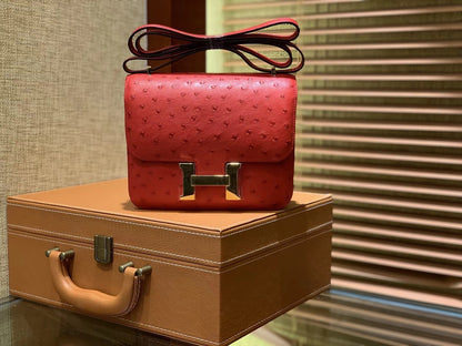 HN Rouge Vif Ostrich Constance Mini 18 gold hardware