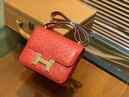 HN Rouge Vif Ostrich Constance Mini 18 gold hardware