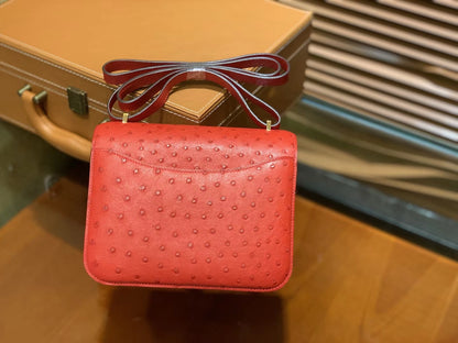 HN Rouge Vif Ostrich Constance Mini 18 gold hardware