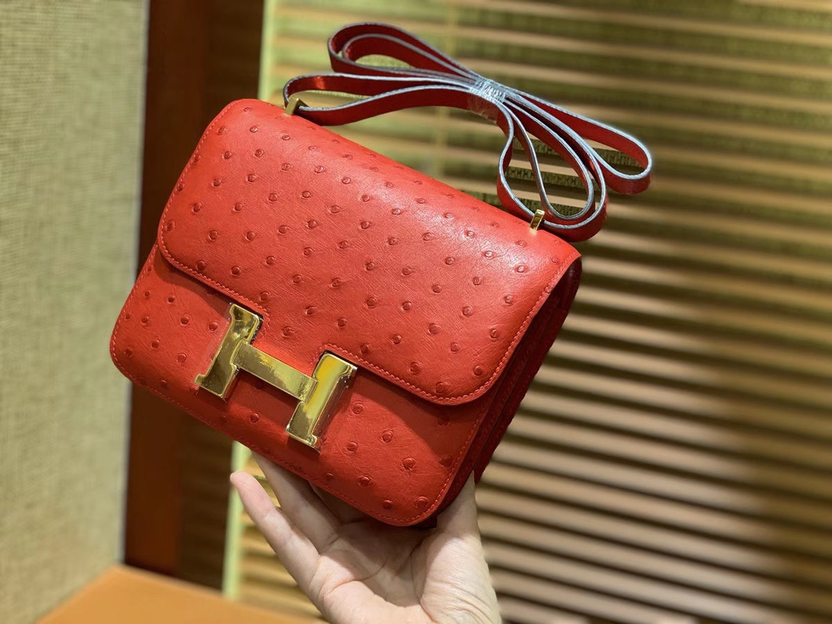 HN Rouge Vif Ostrich Constance Mini 18 gold hardware