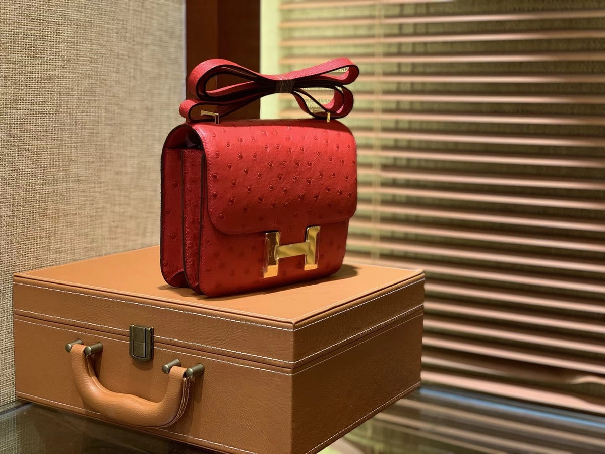 HN Rouge Vif Ostrich Constance Mini 18 gold hardware