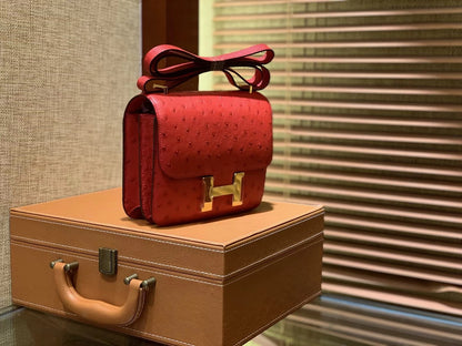 HN Rouge Vif Ostrich Constance Mini 18 gold hardware