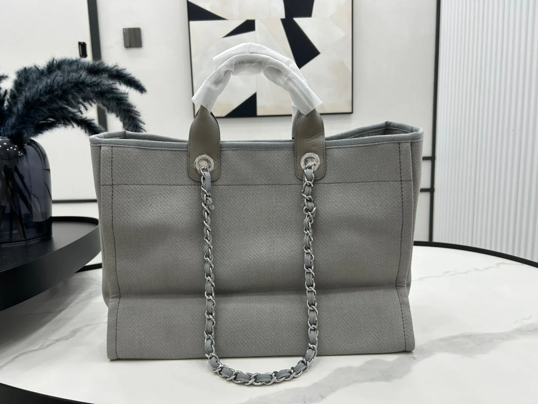 CHANEL CC DEAUVILLE LARGE 38 TOTE BAG IN GREY CANVAS WITH WHITE LOGO