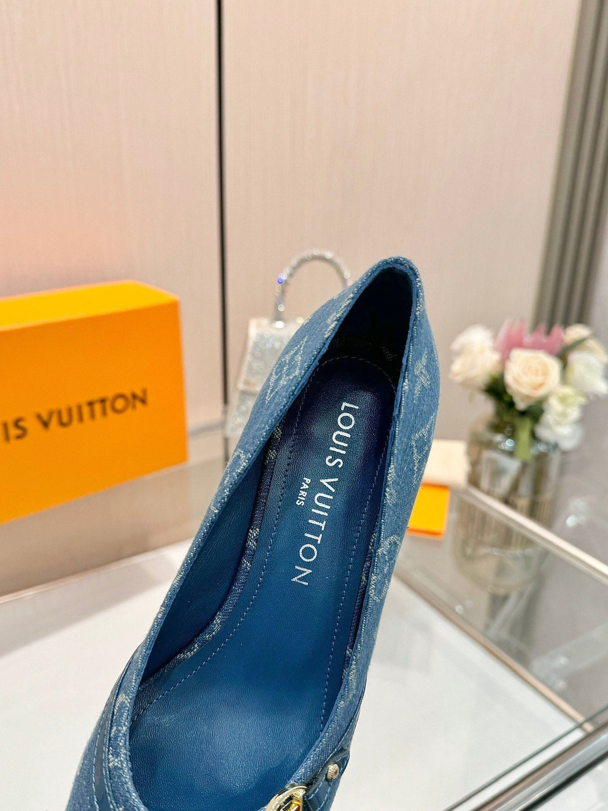 6AM HIGH HEELS 55 MM IN CLASSIC BLUE MONOGRAM DENIM