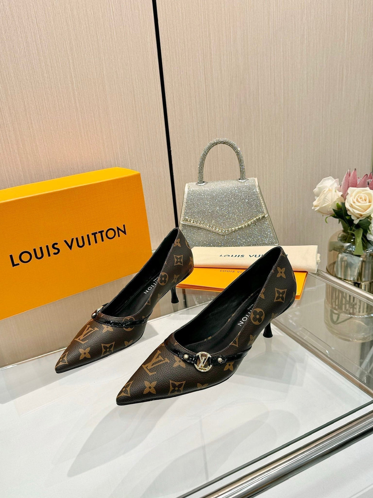 6AM HIGH HEELS 55 MM IN CHOCOLATE BROWN MONOGRAM LAMBSKIN