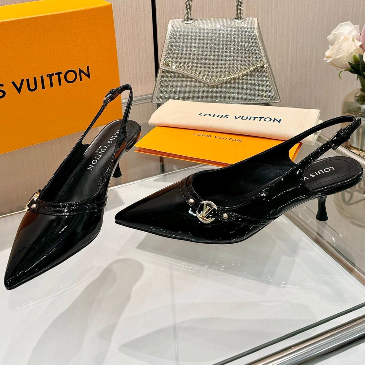 6AM SLINGBACK HIGH HEELS 55 MM IN BLACK PATENT LAMBSKIN