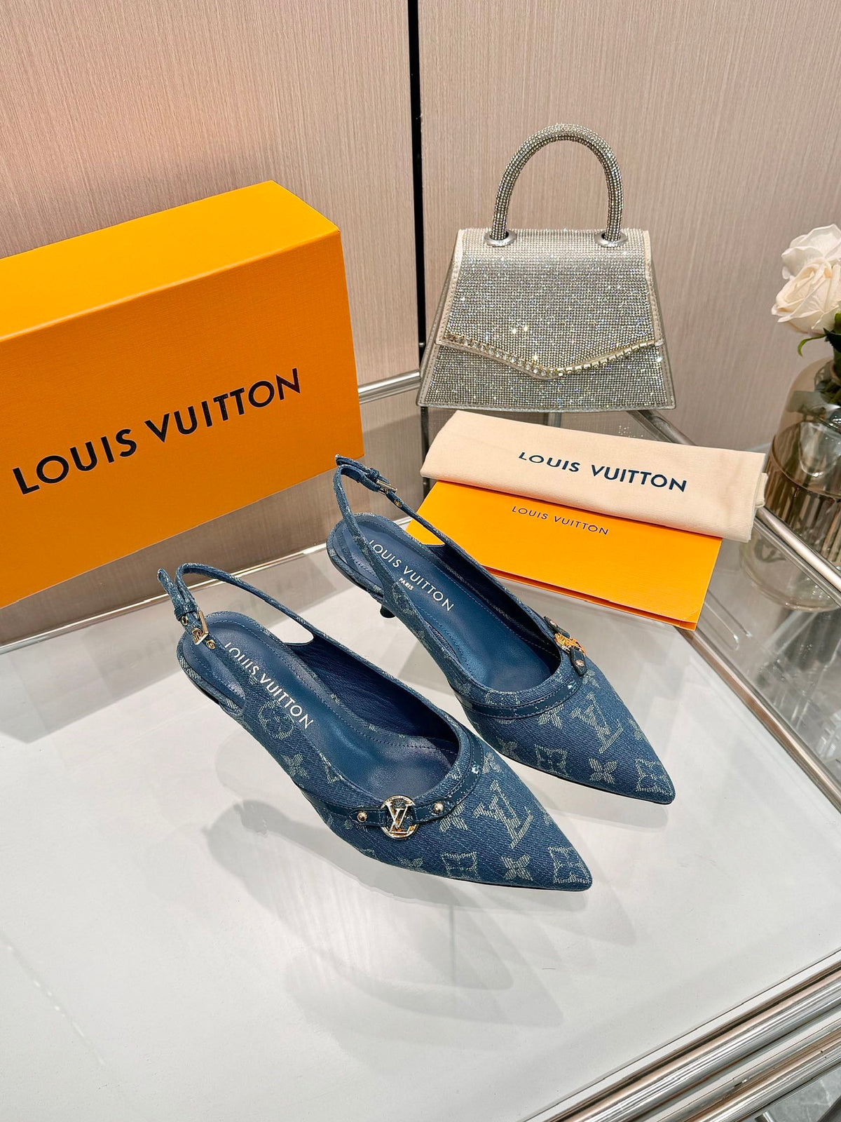 6AM SLINGBACK HIGH HEELS 55 MM IN CLASSIC BLUE MONOGRAM DENIM