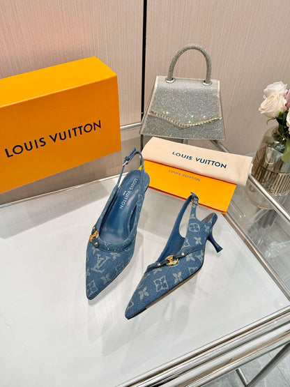 6AM SLINGBACK HIGH HEELS 55 MM IN CLASSIC BLUE MONOGRAM DENIM