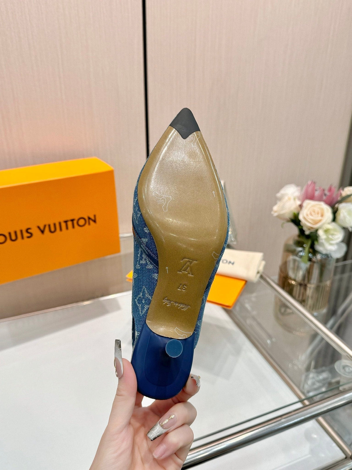 6AM SLINGBACK HIGH HEELS 55 MM IN CLASSIC BLUE MONOGRAM DENIM