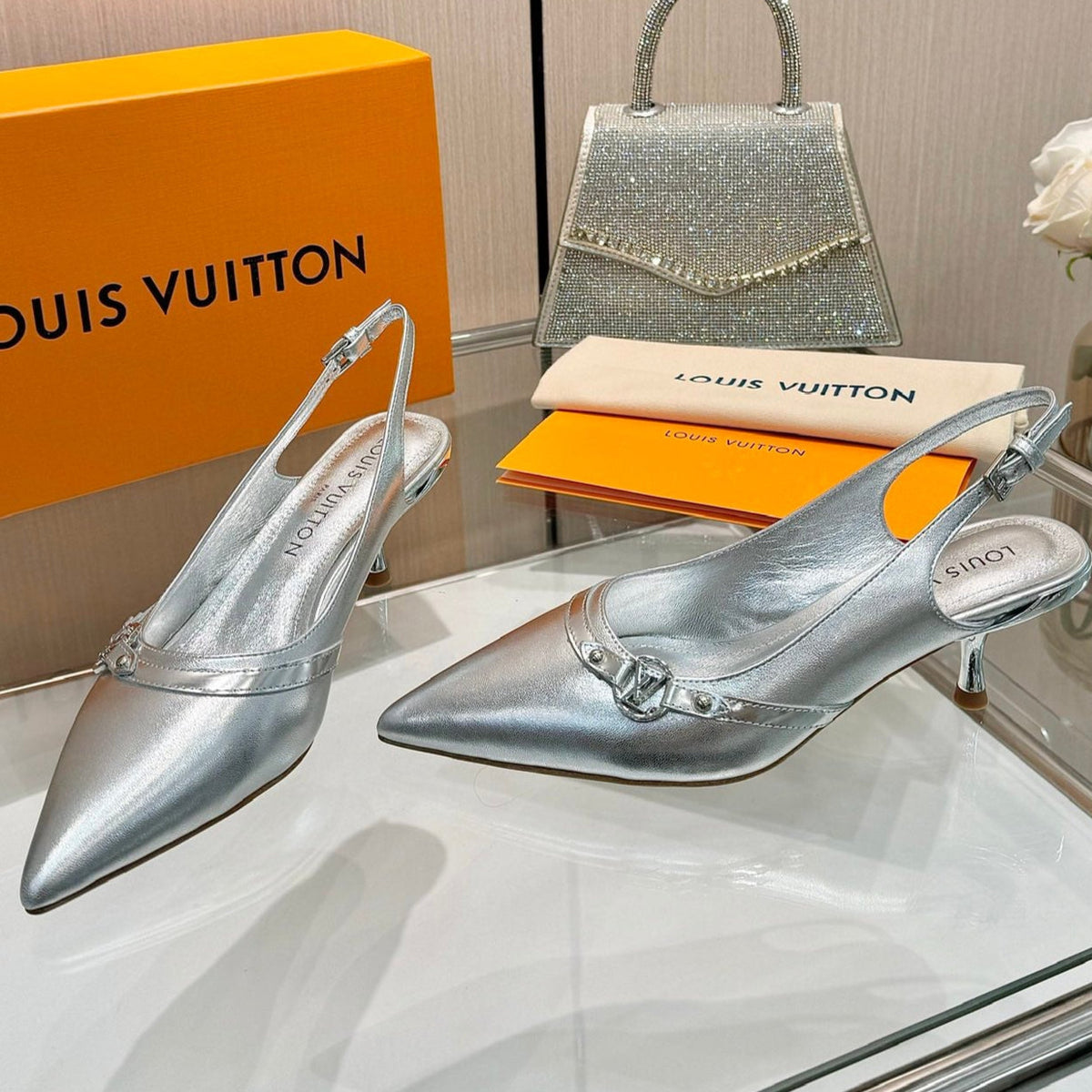 6AM SLINGBACK HIGH HEELS 55 MM IN SILVER LAMBSKIN
