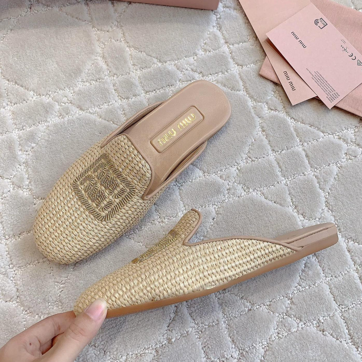 MULES SLIPPERS BEIGE COLOR STRAW WOVEN