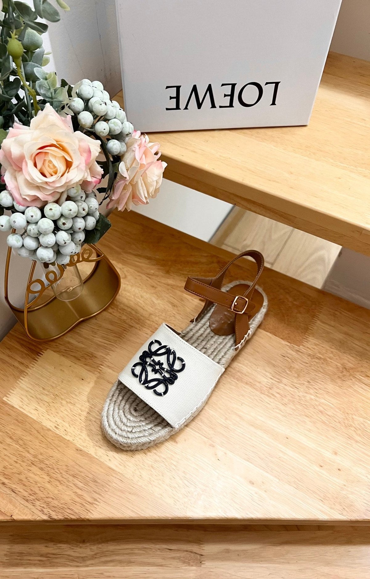 Loew Anagram Black logo White Brown Beige Leather And Canvas Espadrille Sandals