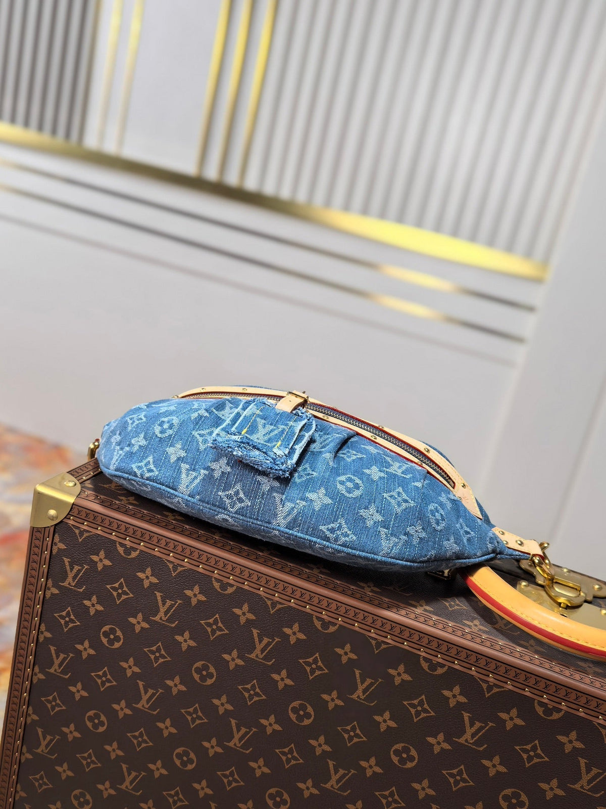 LV 25S BUMBAG 38 IN BLUE MONOGRAM DENIM LEATHER TRIM GOLD HARDWARE