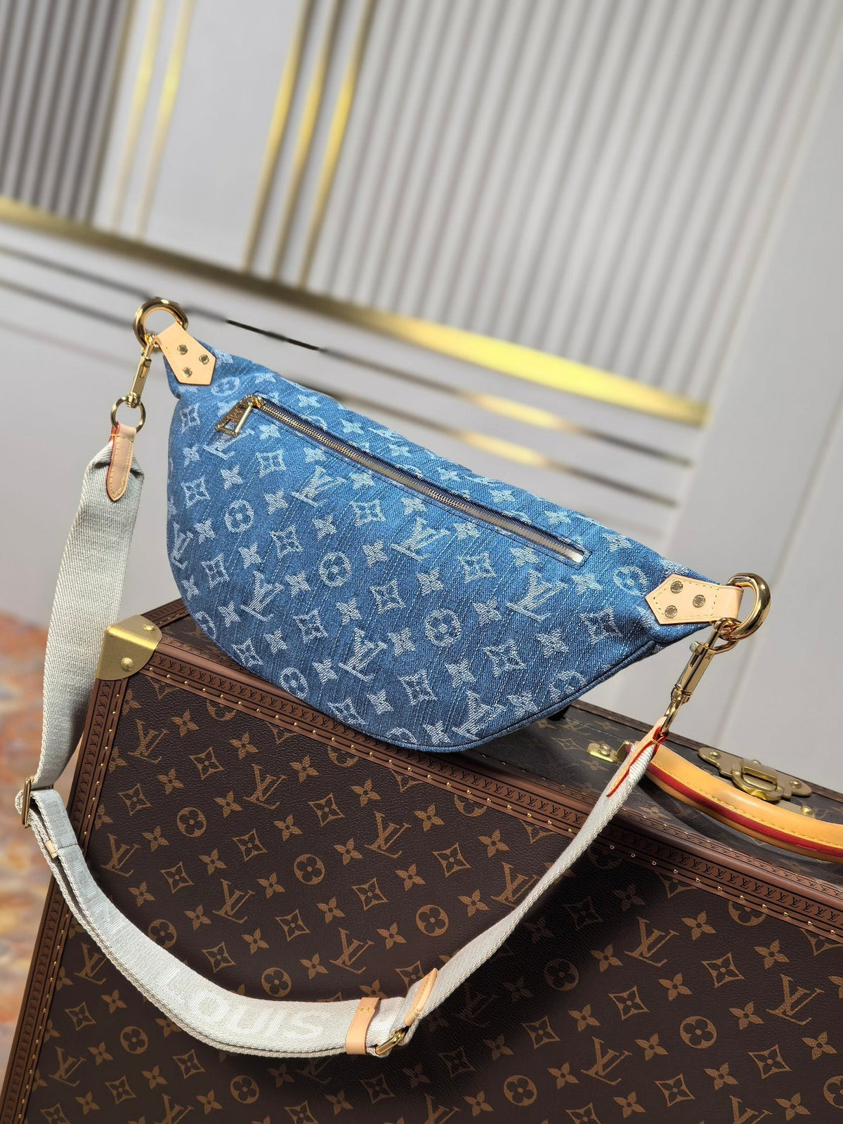 LV 25S BUMBAG 38 IN BLUE MONOGRAM DENIM LEATHER TRIM GOLD HARDWARE