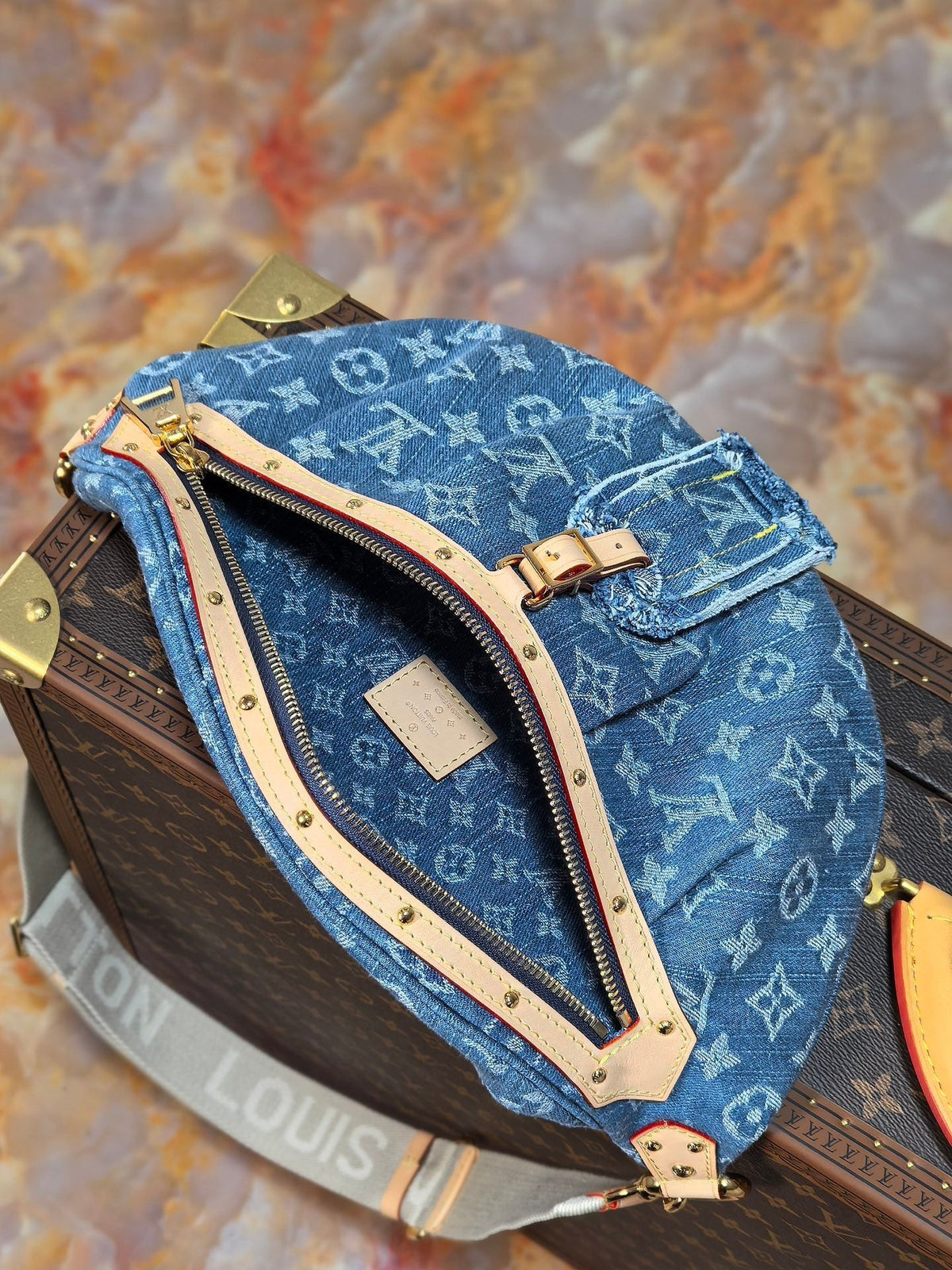 LV 25S BUMBAG 38 IN BLUE MONOGRAM DENIM LEATHER TRIM GOLD HARDWARE