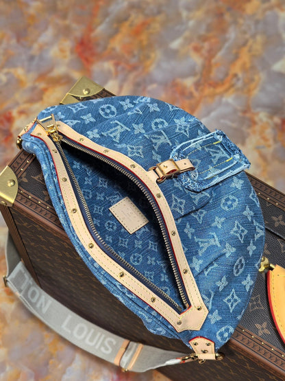 LV 25S BUMBAG 38 IN BLUE MONOGRAM DENIM LEATHER TRIM GOLD HARDWARE