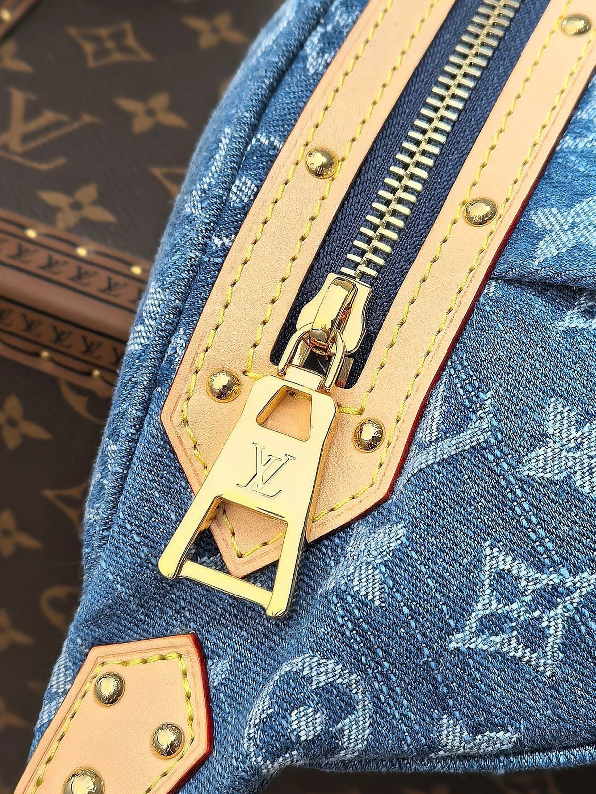 LV 25S BUMBAG 38 IN BLUE MONOGRAM DENIM LEATHER TRIM GOLD HARDWARE