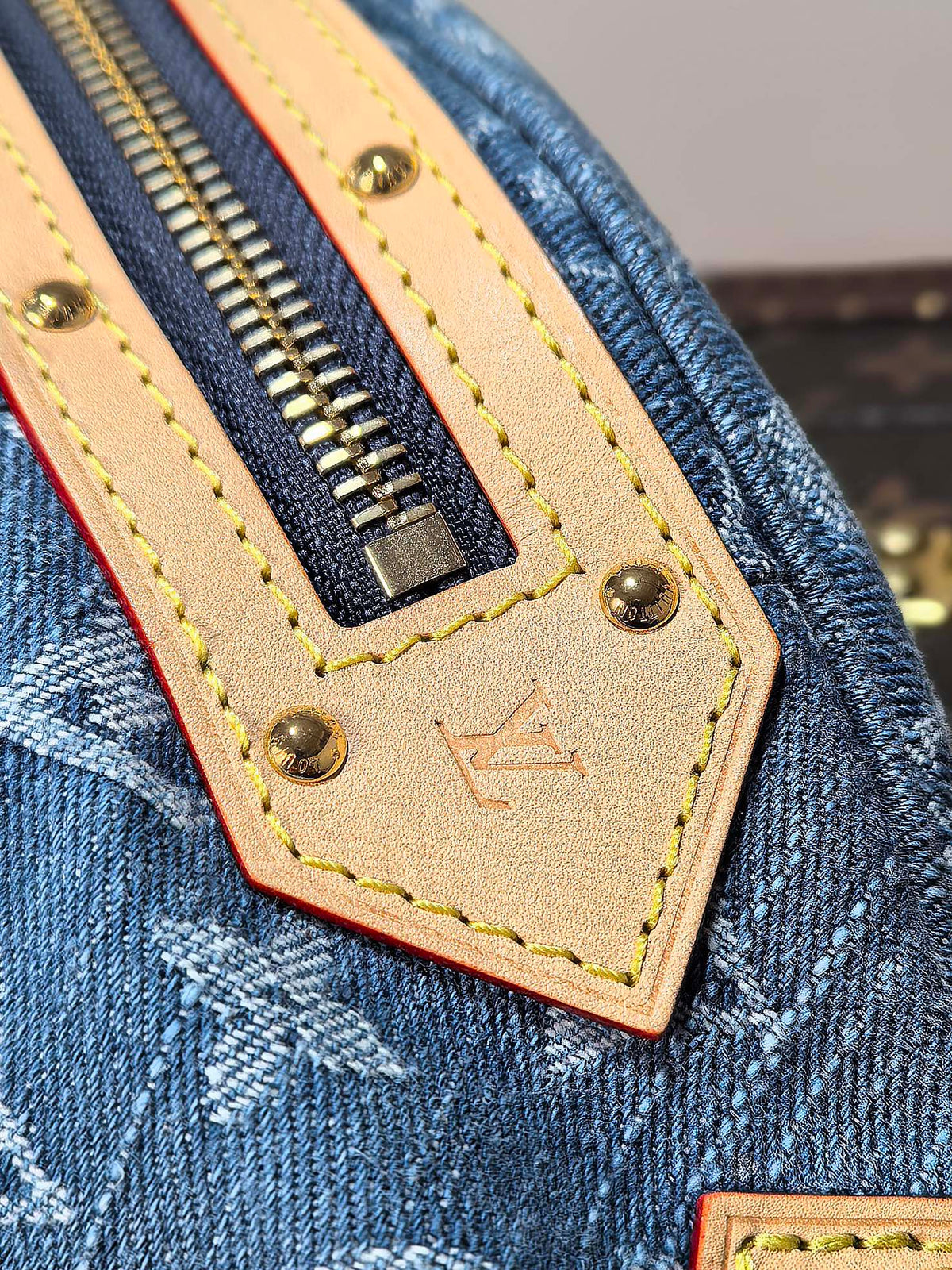 LV 25S BUMBAG 38 IN BLUE MONOGRAM DENIM LEATHER TRIM GOLD HARDWARE